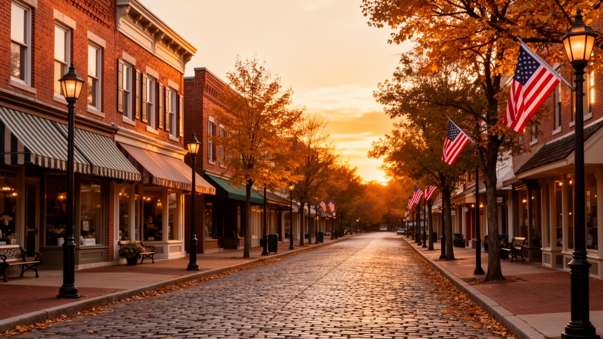 Historic Main Street in St. Charles, Missouri at golden hour
